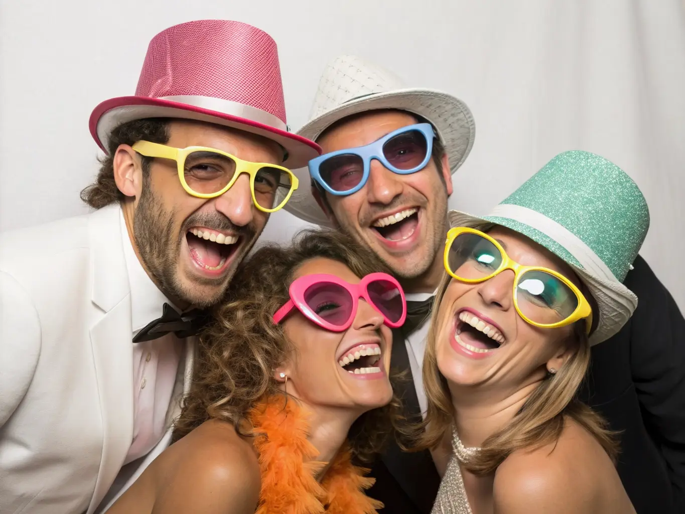 Lachende vrienden met gekke props voor een photobooth op een feest.